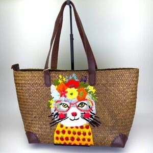 Handcrafted Seagrass Cat Tote Bag